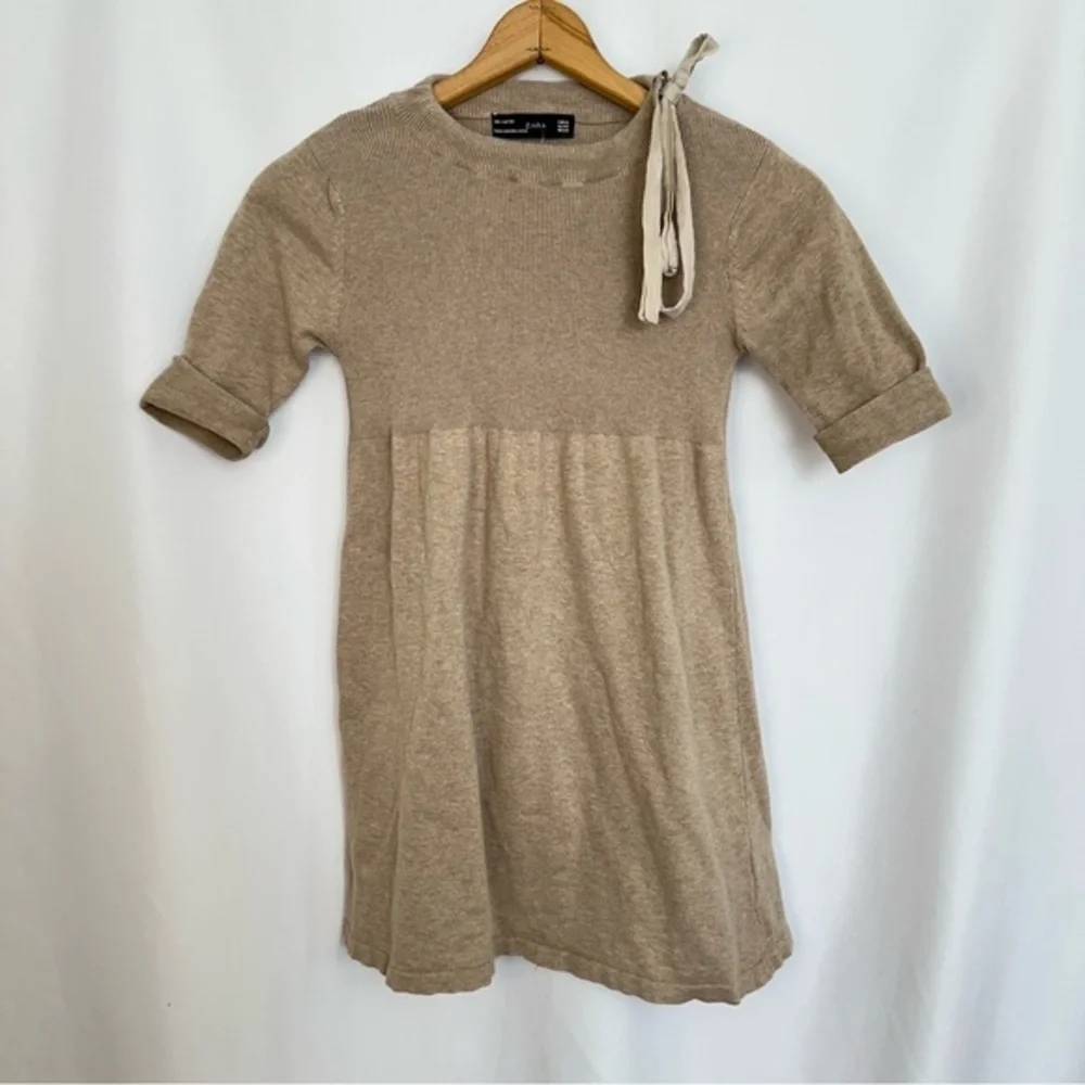 Zara Girls Dress Size Medium 3/4 Sleeve Ribbon Tied Ribbed A-Line Beige‎